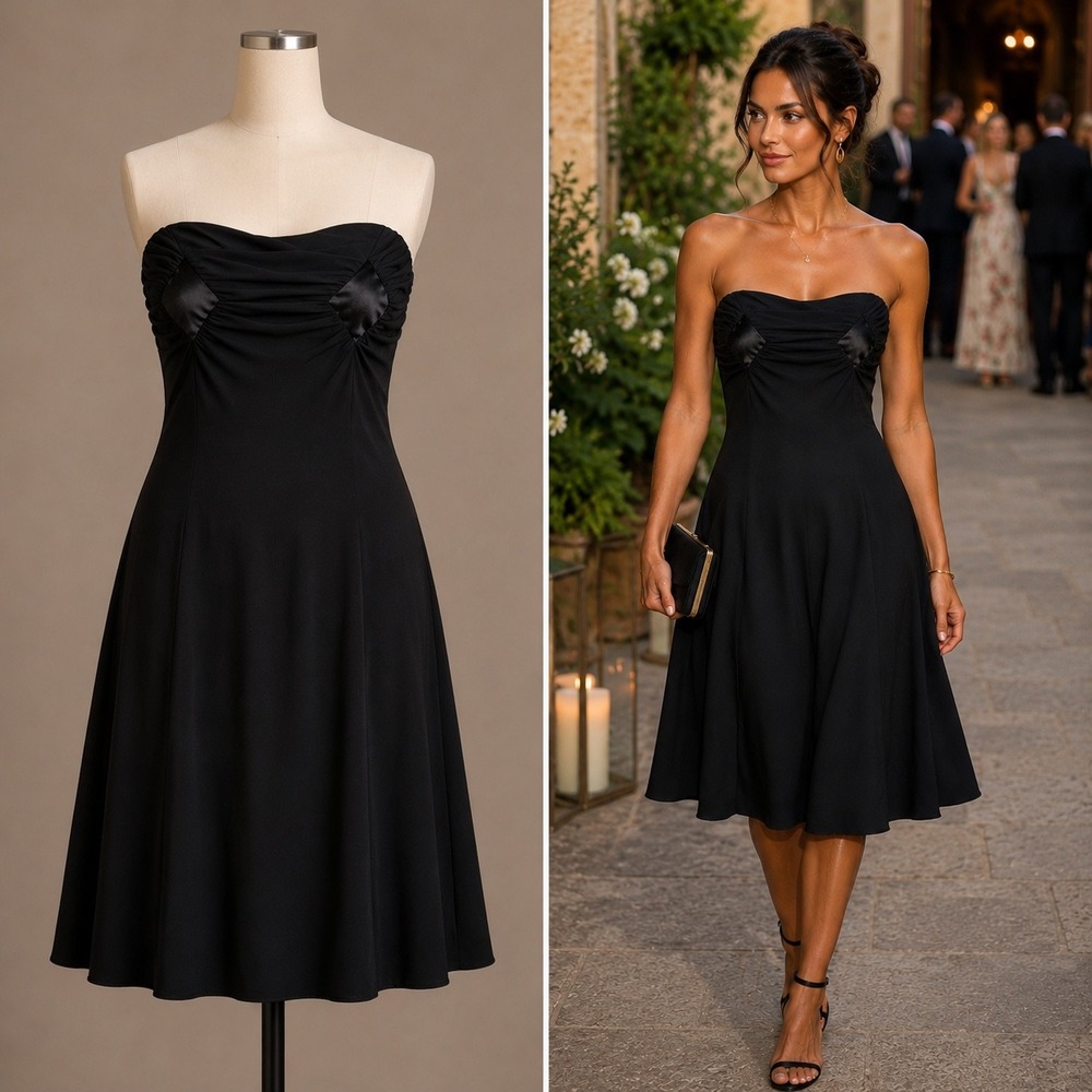 Iceberg Dress 44/8US Black Strapless Ruched Satin Inset Made in Italy Cocktail